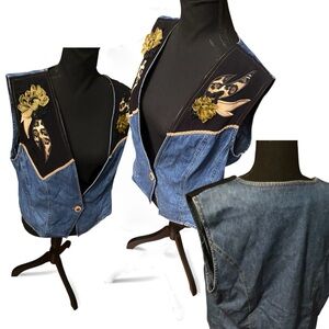 Vintage Denim Vest with Floral Accents